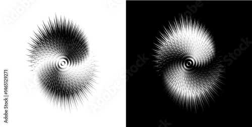 Dynamic abstract spiral sound wave rhythm lines. Circular spiral sound wave rhythm of lines. Circular futuristic abstract lines, black and white background.