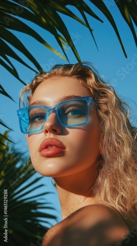 Blonde haired woman with blue sunglasses gazing upward near palm tree, bathed in sunlight against clear blue sky