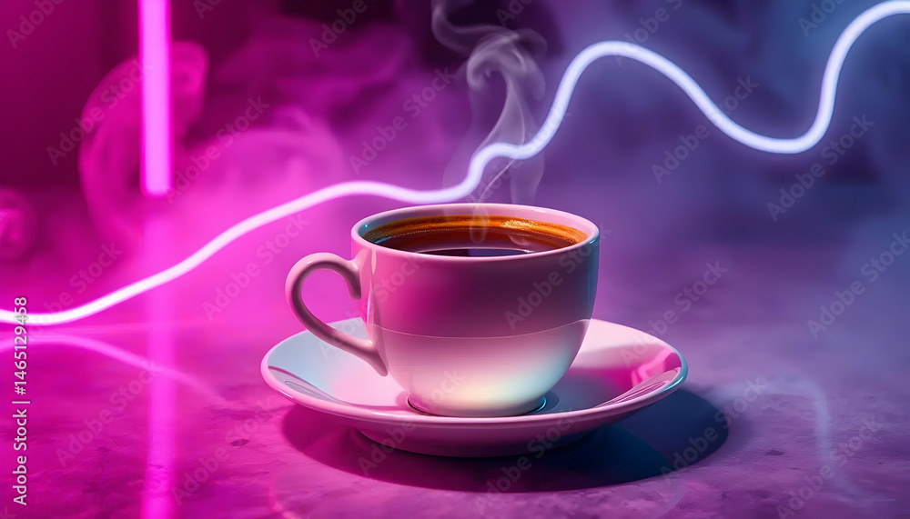 Fototapeta premium Coffee Cup With Steam Against Pink And Blue Neon Light Background