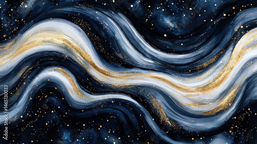 Mesmerizing abstract design featuring flowing waves in shades of blue, white, and gold, resembling cosmic scene filled with stars and galaxies. artwork evokes sense of tranquility and wonder