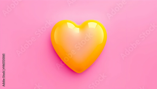 Glossy Yellow Heart Floats On Vibrant Pink Background For Valentine's Day Celebration