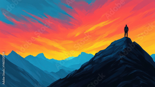 Lone traveler stands on mountain peak, gazing at breathtaking sunset with vibrant colors illuminating sky. scene evokes sense of adventure and tranquility
