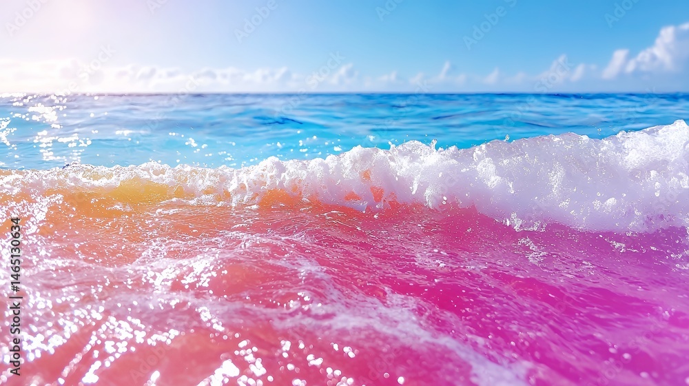 Fototapeta premium Colorful Ocean Wave Crashing with Bright Sky and Clear Water