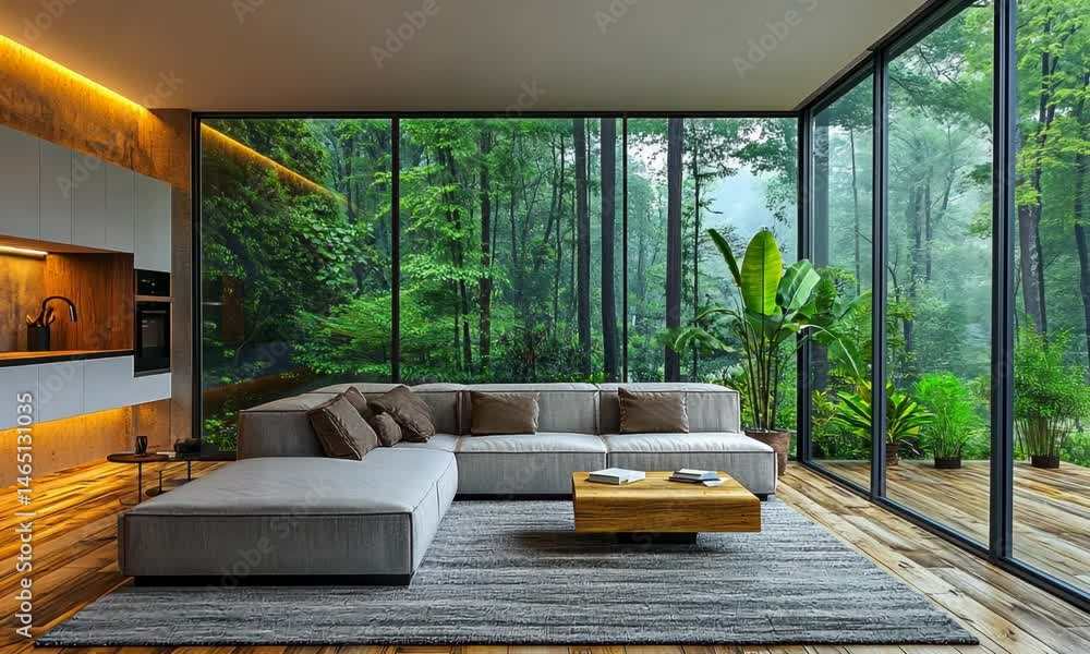 Modern living room with forest views. Modern living room with forest views.