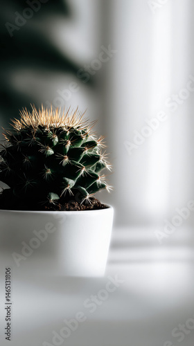 A potted cactus set against a consummate white backdrop, captured as an object yet life.