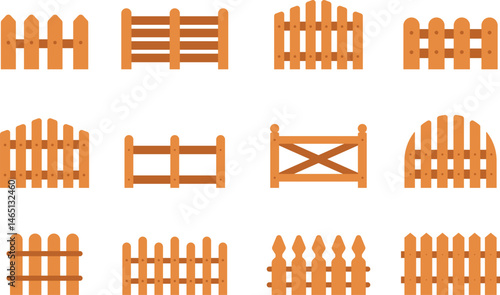 Flat wooden fence vector set. Rustic garden and picket gate in minimal style.