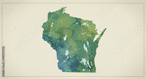 Watercolor Style Map of Wisconsin with Lakes and Green Terrain