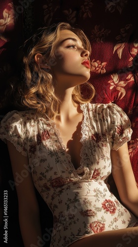 Young Woman Lying on Red Floral Couch in Sunlight Wearing Floral Dress Relaxing, Natural Light Creates Contrasting Shadows