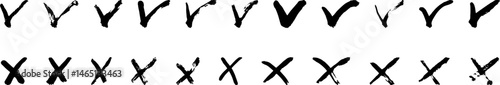 Set Hand drawn black check mark cross, x mark Icon set, right and wrong Vector sign Correct vote choice and rejection isolated symbol. Check mark Tick mark Concept of choice