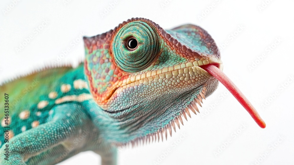 Obraz premium A chameleon stretching its tongue to catch a bug, looking focused, on a white background