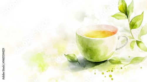 Watercolor Illustration of green tea. Watercolor illustration of non-alcoholic drinks on white background.