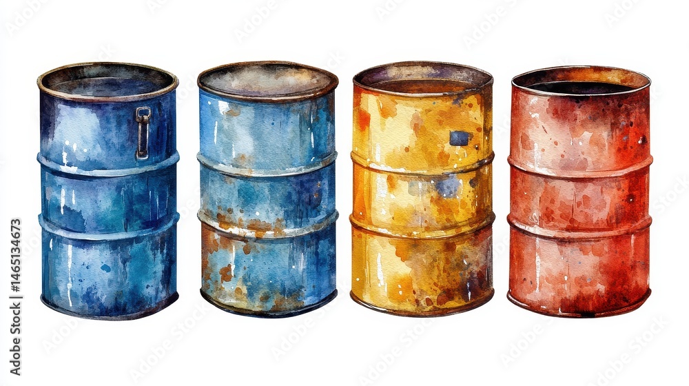 Oil barrels clipart, petroleum industry element, watercolor illustration, muted industrial palette, isolated on white background. Oil barrels clipart, petroleum industry element, watercolor illustration, muted industrial palette, isolated on white background.