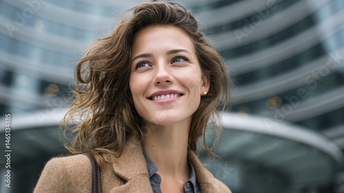 A happy businesswoman standing outside a modern office building, feeling accomplished
