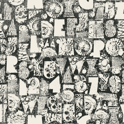 Abstract vector seamless background pattern with simple, thick typeface consisting of geometric shapes with grunge texture, shells, trilobites and ammonites on paleontology theme. No AI used.