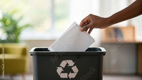 Hand placing paper into a recycling bin indoors.