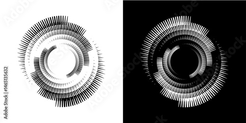 Dynamic abstract spiral sound wave rhythm lines. Circular spiral sound wave rhythm of lines. Circular futuristic abstract lines, black and white background.