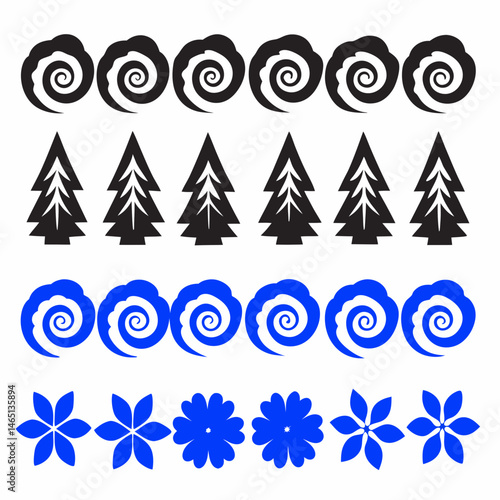 These appear to be a collection of abstract, stylized icons or symbols, primarily in blue and black. They include various shapes such as spirals, floral patterns, geometric designs, and representation