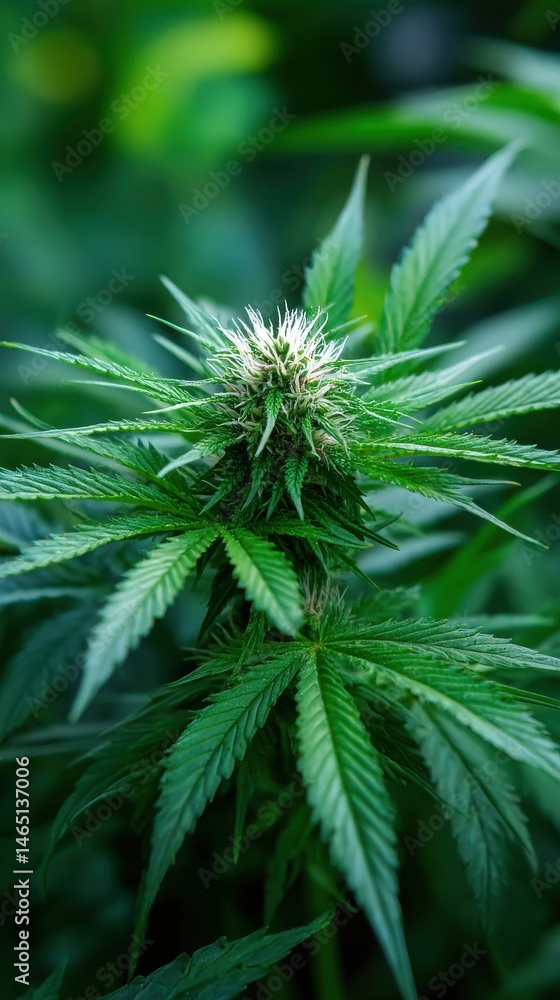 Cannabis Bud Close Up Growing in Garden Green Foliage Background Cannabis Bud Close Up Growing in Garden Green Foliage Background