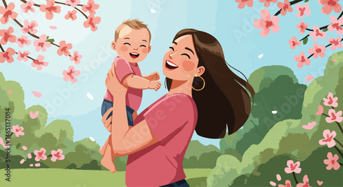 Adobe Illustrator Artwork Blissful vector flat illustration of a joyful mother holding her happy baby outdoors amidst blooming spring flowers. Perfect for celebrating Mother's Day and the joy of paren
