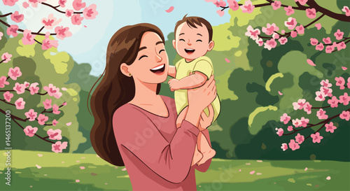 Adobe Illustrator Artwork Blissful vector flat illustration of a joyful mother holding her happy baby outdoors amidst blooming spring flowers. Perfect for celebrating Mother's Day and the joy of paren