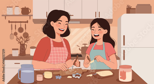 Adobe Illustrator Artwork Heartfelt vector flat illustration of a mother and daughter happily baking together in the kitchen. Perfect for Mother's Day and celebrating family moments