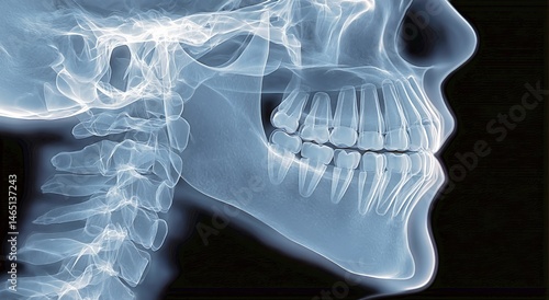 X-ray of Human Skull Showing Teeth Alignment and Cervical Spine Structure