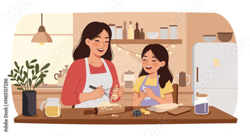 Adobe Illustrator Artwork Heartfelt vector flat illustration of a mother and daughter happily baking together in the kitchen. Perfect for Mother's Day and celebrating family moments