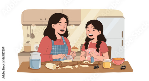 Adobe Illustrator Artwork Heartfelt vector flat illustration of a mother and daughter happily baking together in the kitchen. Perfect for Mother's Day and celebrating family moments