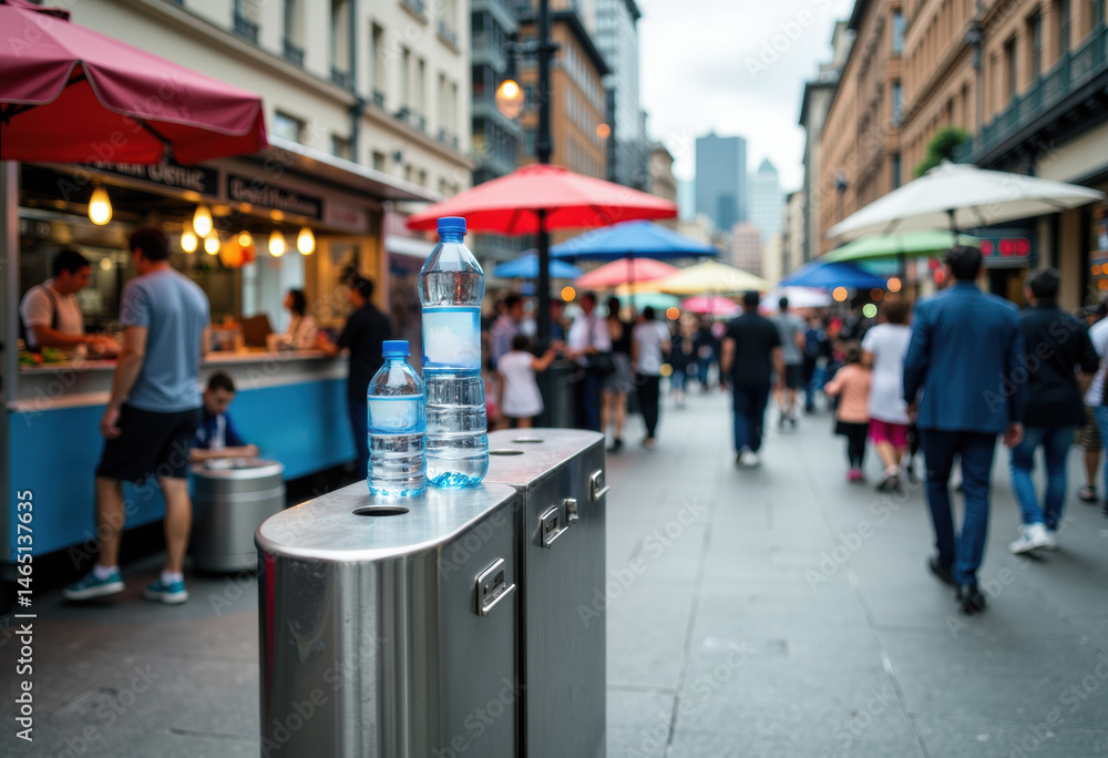 Obraz premium Bottled water placed on a street corner in a busy urban shopping district