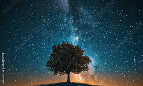Silhouetted tree against a night sky, filled with stars and the milky way.