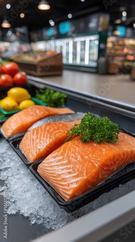 Fresh salmon fillets displayed on ice at a supermarket seafood counter, with produce and frozen goods in background