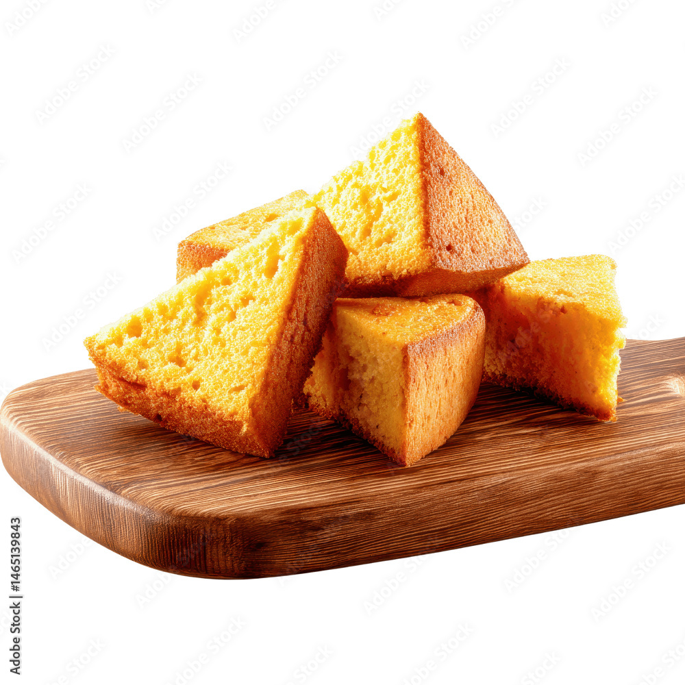 Delicious Golden Cornbread Pieces on Rustic Wooden Board Delicious Golden Cornbread Pieces on Rustic Wooden Board