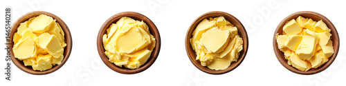Set, group, collection of Top view fresh butter in bowl isolated on a transparent background.