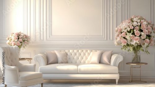Cozy living room setup  bright space with elegant sofa  stylish pillows  and fresh flowers  perfect for relaxing or entertaining.