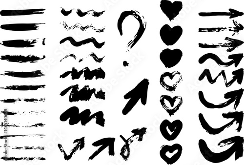 Set of Grunge Design Elements Black blots Arrows Hearts Vector trace illustration Isolated on white background Ink splashes stencil Blotter spots, liquid paint Brush collection