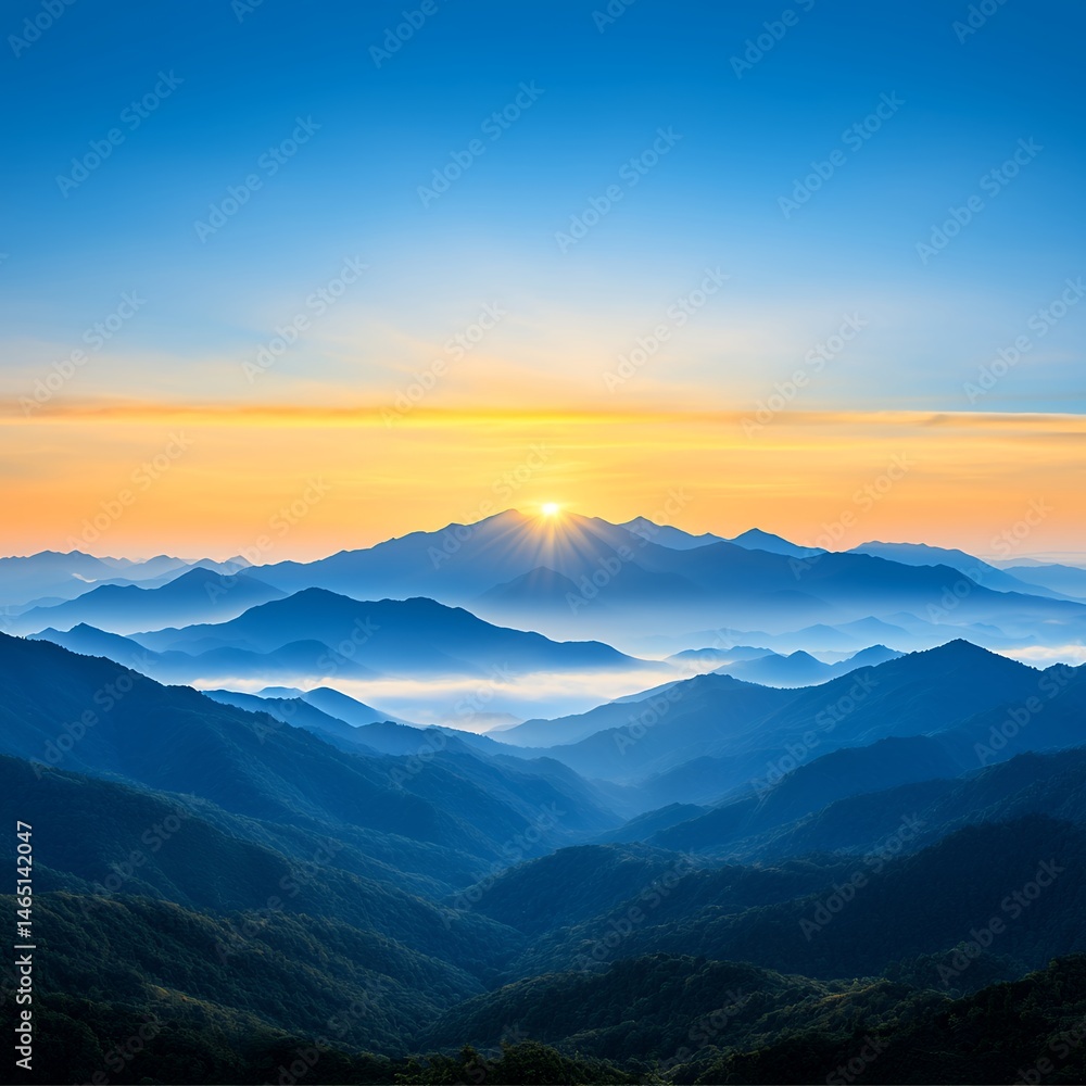 Fototapeta premium Sunrise Over Blue Mountain Range and Misty Valley