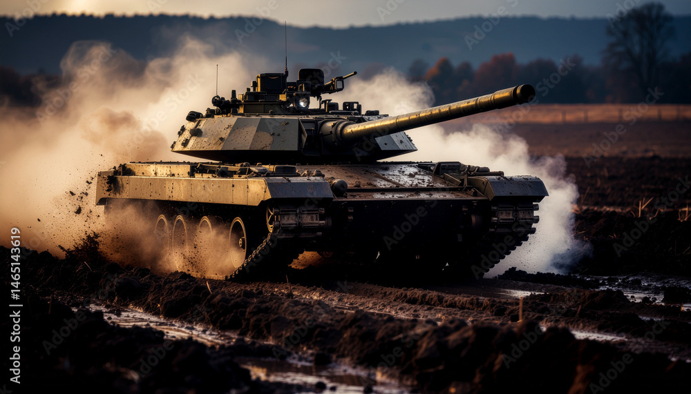 military tank crossing muddy terrain