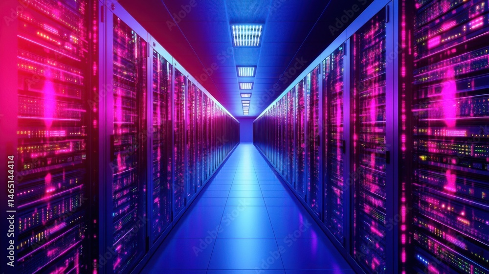 Fototapeta premium Neon-lit corridor, futuristic hallway bathed in vibrant pink and blue lights, creating an immersive digital atmosphere.
