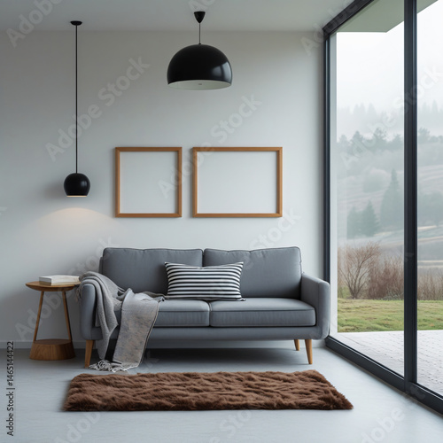 A modern living room featuring a large window that frames a misty landscape of trees and hills. A grey sofa with striped pillows and a beige throw blanket sits against a neutral-toned wall