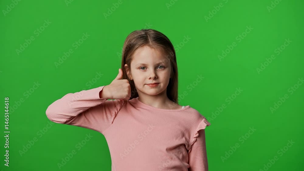 Smiling girl child looks at camera and shows thumb up hand sign, positive expression, isolated on chroma key green screen studio background mockup. Smiling girl child looks at camera and shows thumb up hand sign, positive expression, isolated on chroma key green screen studio background mockup.