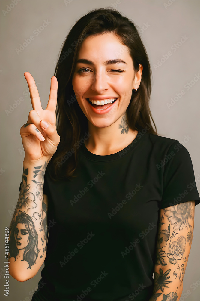 Beautiful female tattooed model influencer gesturing, showing peace, smiling, happy expression, confident woman