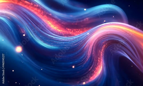 Abstract cosmic swirl of vibrant pink, blue, and orange energy, shimmering particles, nebula-like texture. Ideal for fantasy, science fiction, or technology backgrounds.