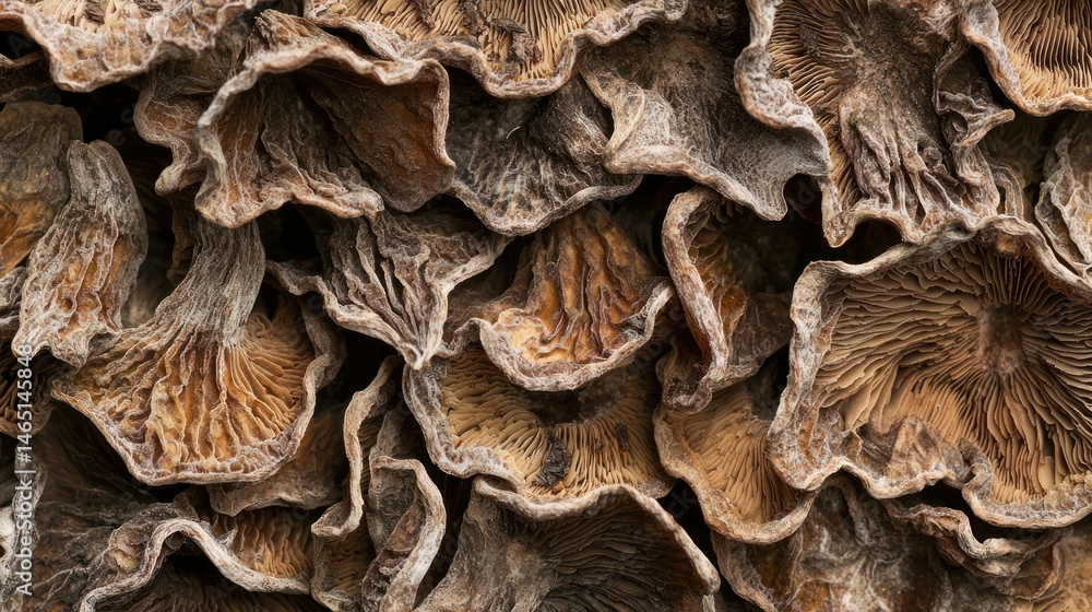 A collection of dried morel mushrooms, showcasing their wrinkled, textured surface. A collection of dried morel mushrooms, showcasing their wrinkled, textured surface.