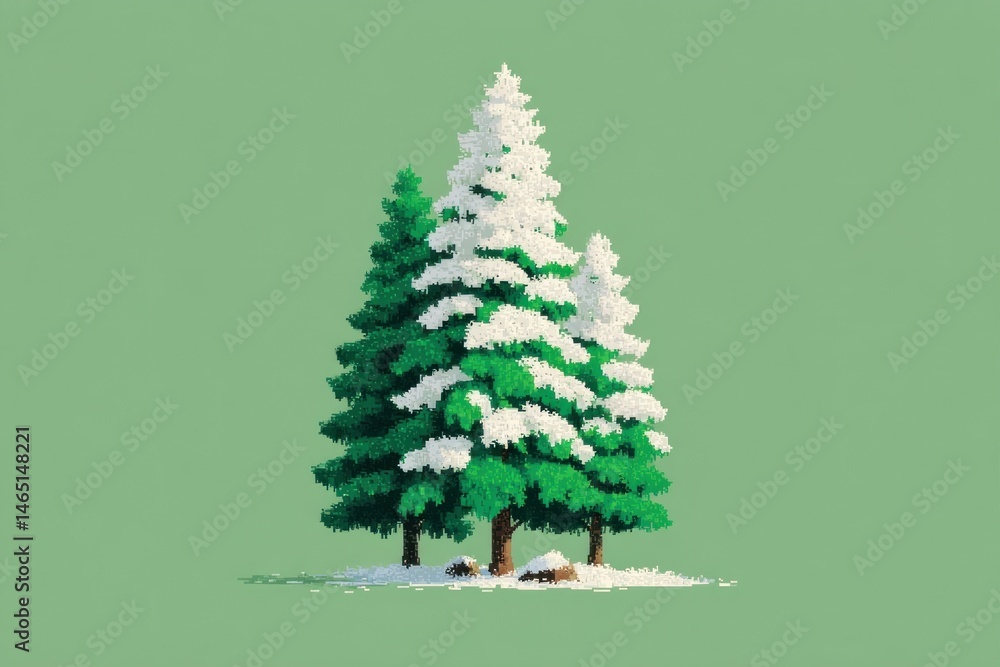 Flat illustration features vibrant green-leaved trees with soft snow on top, creating a serene nature scene on a plain backdrop Flat illustration features vibrant green-leaved trees with soft snow on top, creating a serene nature scene on a plain backdrop
