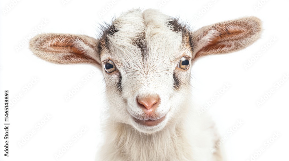 A cute baby goat with floppy ears, looking curiously at the camera, on a white background A cute baby goat with floppy ears, looking curiously at the camera, on a white background