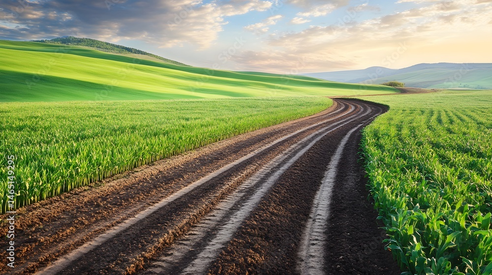 Naklejka premium Serene Green Fields Dirt Road Landscape Photography