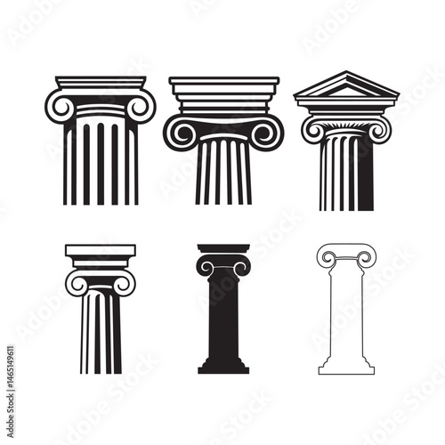 Classical Architectural Columns – Minimalist Black and White Vector Silhouettes of Ionic, Doric, and Corinthian Styles