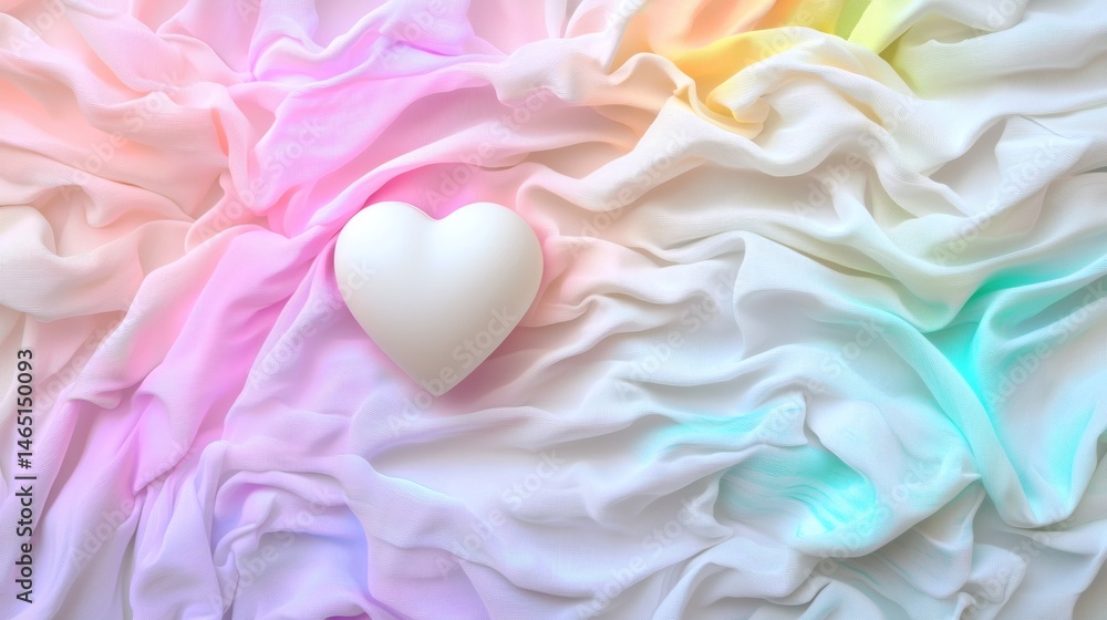 Fototapeta premium Soft Pastel Fabric with Heart Shape on Gentle Draped Material in Dreamy Color Palette