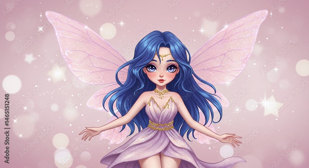 Enchanting Fairy with Blue Hair and Delicate Wings on Pink Background Enchanting Fairy with Blue Hair and Delicate Wings on Pink Background