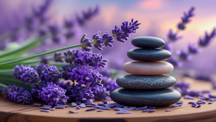 Deken met foto Zen Gestapelde zen stenen en lavendel op hout  © ranzartdesign